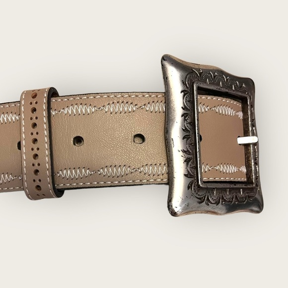 Kathi Kilburn Embellished Leather Belt with Square Silver Buckle in Cream/Beige - Picture 8 of 11